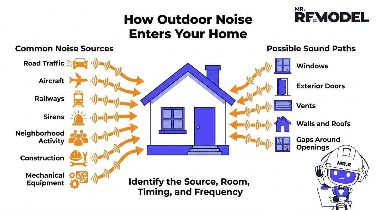 Outdoor noise sources and five possible sound paths into a home, including windows, doors, vents, walls, roofs, and opening gaps.